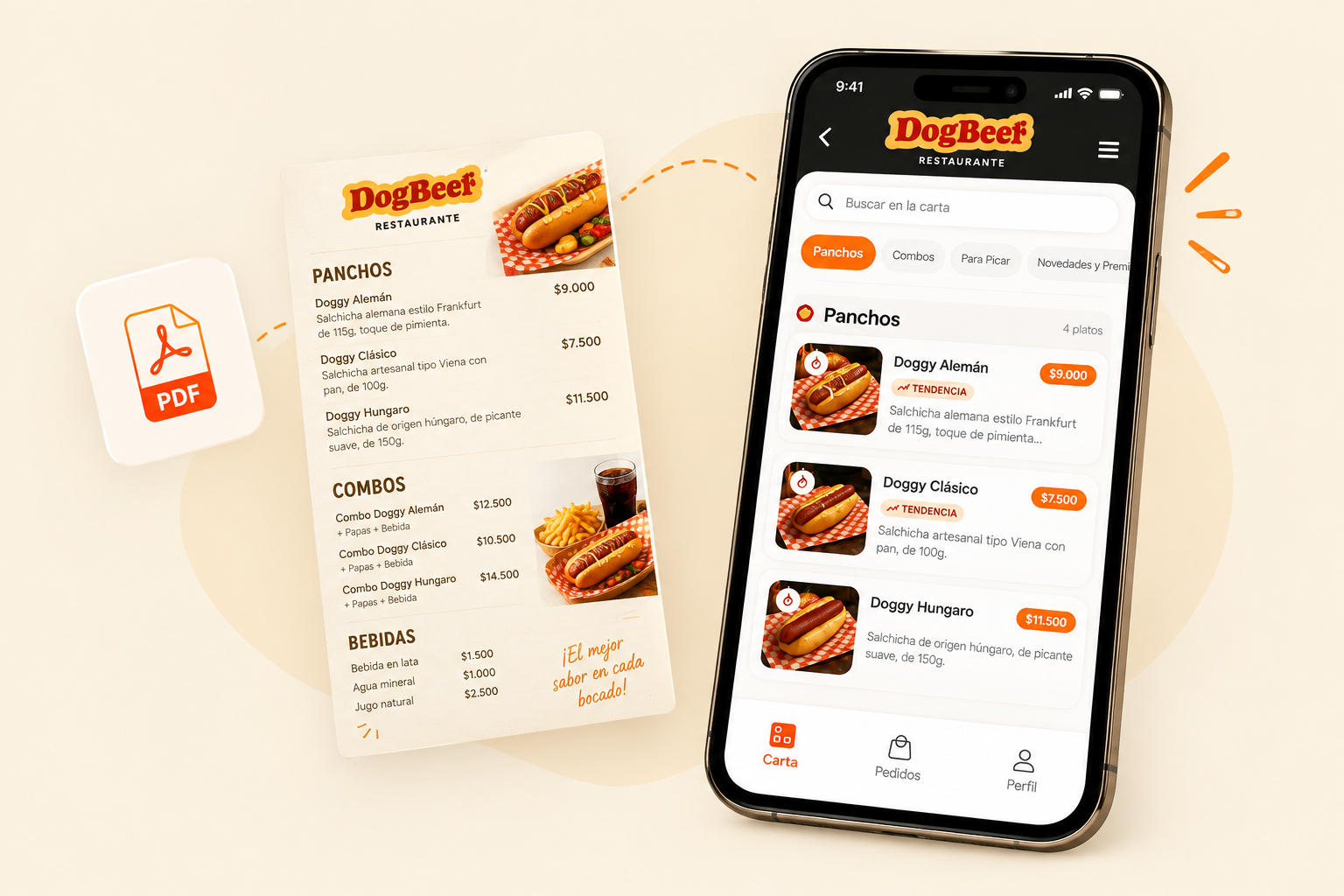 Carta en PDF de DogBeer convirtiéndose en un menú digital dentro de un celular