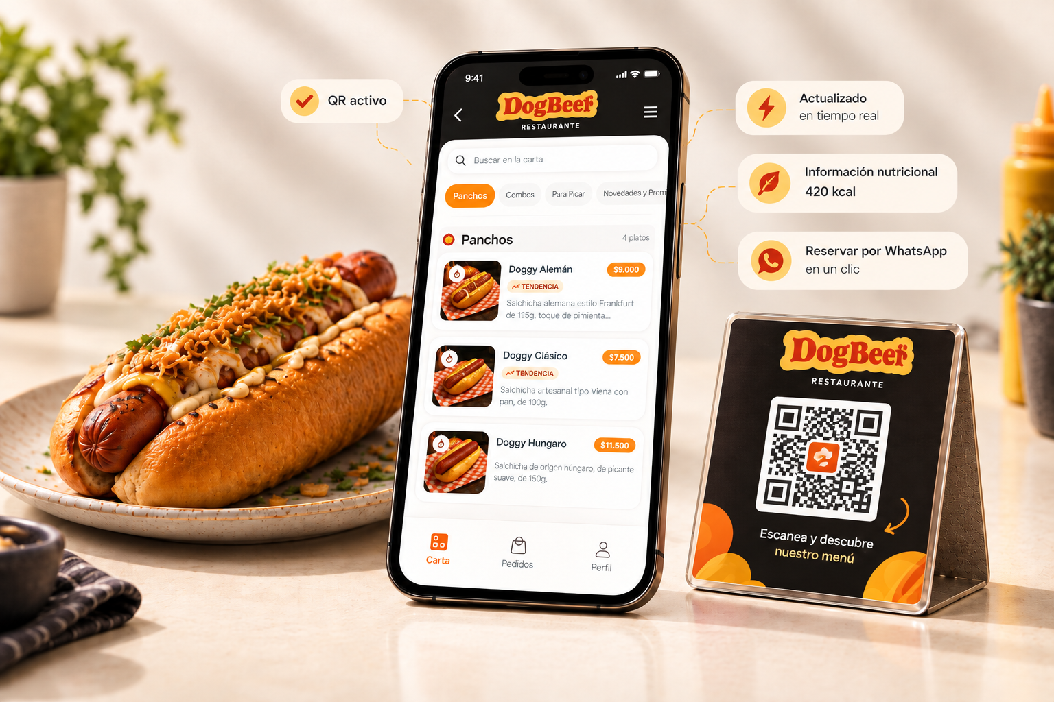 Menú digital RestoMenu mostrado en un smartphone junto a un cartel de mesa con código QR para escanear y pedir